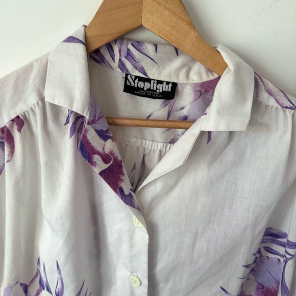 Vintage Tropical‎ Floral Top Womens L Purple Summer Retro Vacation Cali Indie - Picture 2 of 6